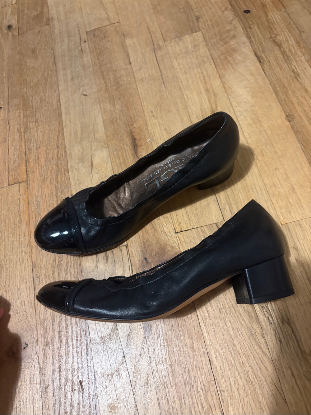 Agl Black Low Block Heel Pumps with Patent Cap Toe